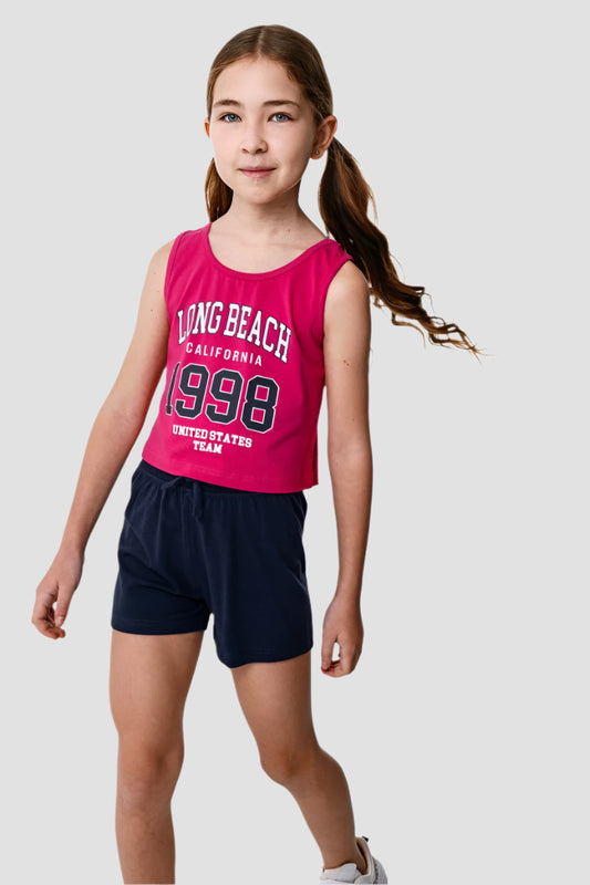 Girls' cotton shorts set, fuchsia/blue | Alegria Fashion