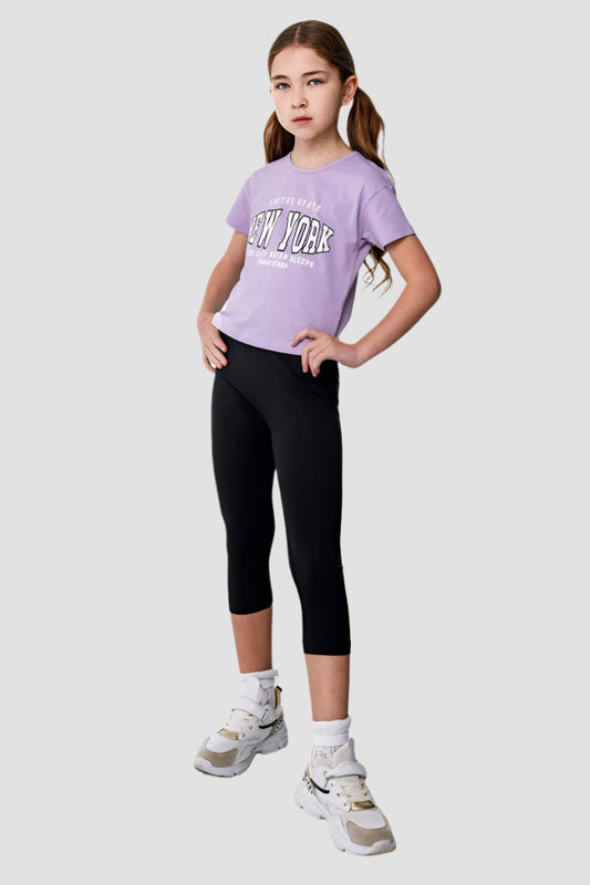 Girls' lilac-black top and capri leggings set | Alegria Fashion