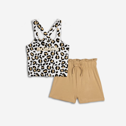 Girls' white allover/moccasin cotton shorts set | Alegria Fashion