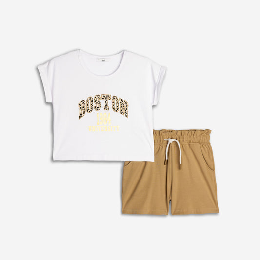 Girls' white/mocha-colored cotton shorts set with print | Alegria Fashion
