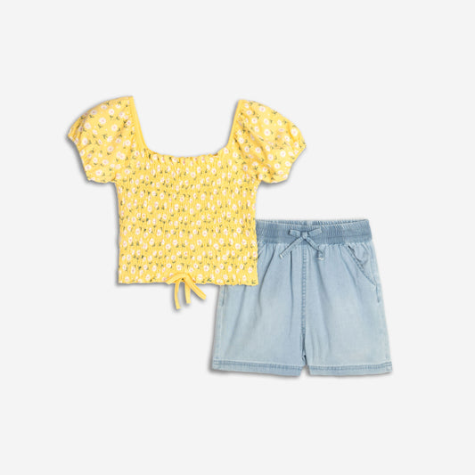 Girls' popcorn print denim shorts set, allover print/blue denim | Alegria Fashion