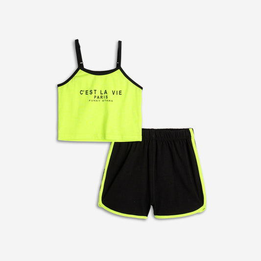 Σετ σορτς μακό κορίτσι φωσφορούχο lime/μαύρο | Alegria Fashion